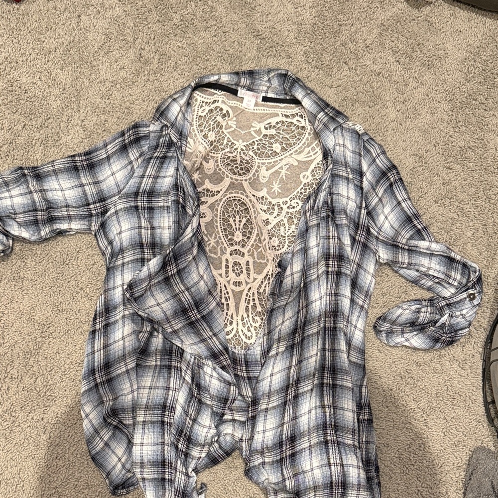 Xhilaration Black and White Plaid Shirt with Lace